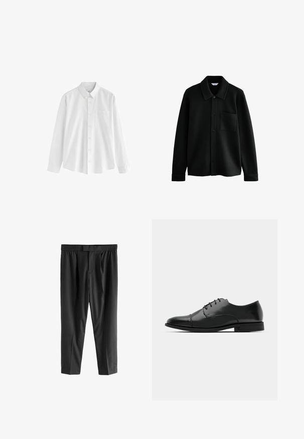 Next REGULAR FIT - DIAGONAL TEXTURE - Nyári dzseki - black; Fehér, hosszú ujjú pamut ing, gombos gallérral, egyetlen mellzsebbel és kényelmes fazonnal. Az elején kicsi gombok találhatók.; Next REGULAR FIT -CHECK SMART - Vászonnadrágok - black; Fekete bőr férfi dresszcipő, lekerekített orral, fűzős kialakítással, diszkrét varrási részletekkel és alacsony sarokkal. Simább felület, fényes kivitel.