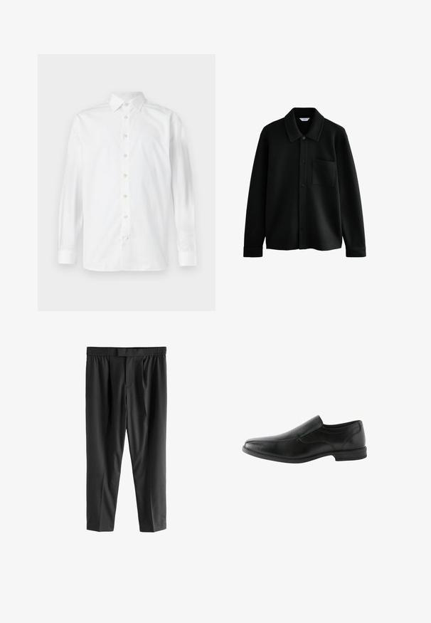 Next REGULAR FIT - DIAGONAL TEXTURE - Skraistė - black; Balta ilgomis rankovėmis marškiniai su klasikinėmis apykaklėmis, priekyje sagomis ir subtilia tekstūra, su apvaliu hemu ir sagų rankogaliais.; Next REGULAR FIT -CHECK SMART - Chino stiliaus kelnės - black; Juodas odinis šlepečių stiliaus batelis su lygiu paviršiumi, šiek tiek smailiu nykščiu, žemu kulnu ir minimalistiškais siūlių akcentais viršutiniuose bateliuose.