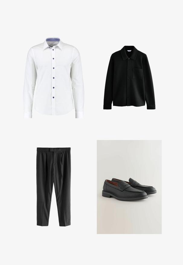 Next REGULAR FIT - DIAGONAL TEXTURE - Vasaras jaka - black; Balta ilga piedurkne krekls ar pogām uz apkakles, ar zilu akcentu pogām un zilu rūtainu rakstu apkakles iekšpusē.; Next REGULAR FIT -CHECK SMART - Chinos tipa bikses - black; Melna ādas loafers ar teksturētu apdari, ar izšūtu detalizāciju gar malām un zemu bloku papēdi. Gluda iekšējā oderējums.