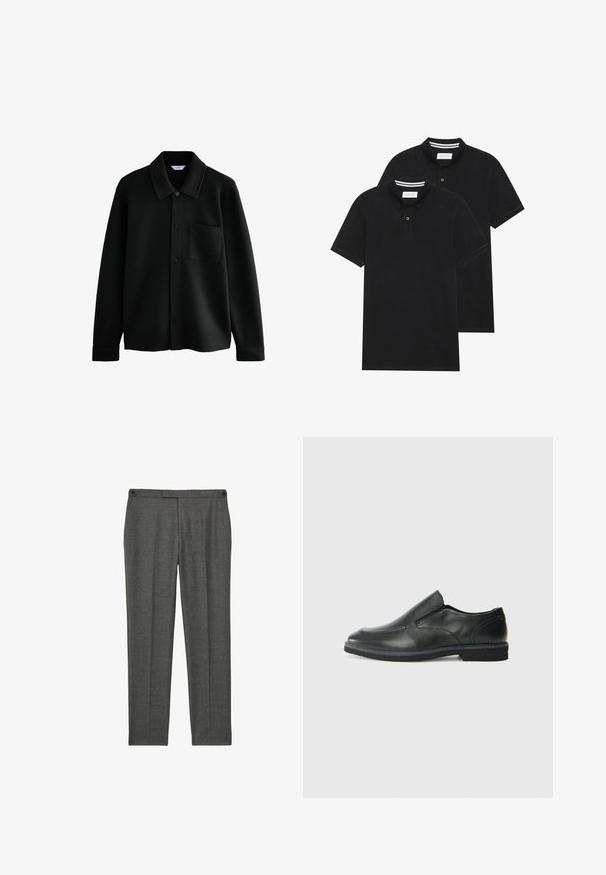 Next REGULAR FIT - DIAGONAL TEXTURE - Let jakke / Sommerjakker - black; To sorte polo T-shirts, kortærmede, lavet af bomuldsstof, med en klassisk krave, to-knaps placket og hvide stribede detaljer indeni kraven.; Grå skræddersyede bukser lavet af et tekstureret stof. Har en flad forside, to sidelommer og diskrete syninger.; Sorte læder slip-on sko med en glat overdel, syede detaljer, rund tå og en lav gummihæl. Sålen har minimal profil.