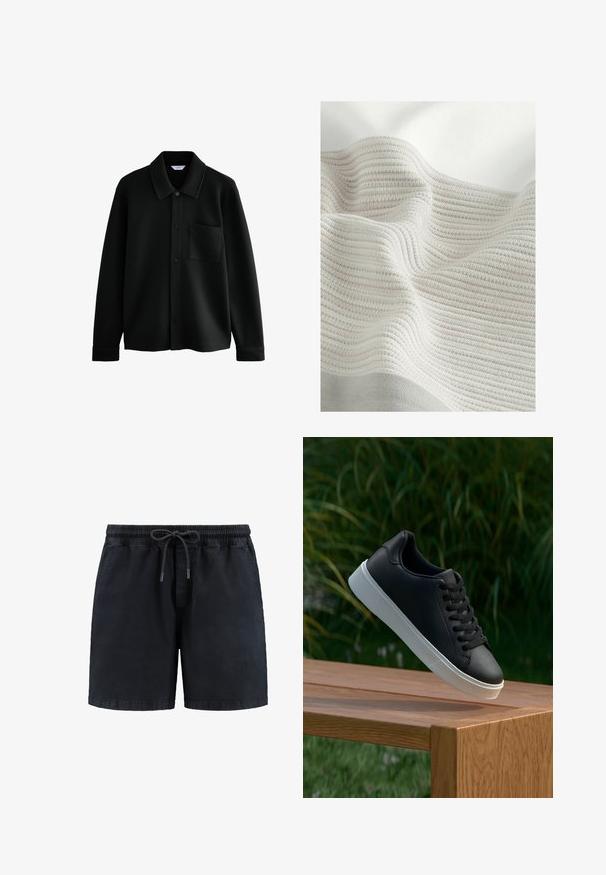 Next REGULAR FIT - DIAGONAL TEXTURE - Skraistė - black; Tekstūruotas audinys su šviesiai pilkomis ir kreminėmis juostelėmis. Minkšta medžiaga su banguota išvaizda, akcentuojanti audimo raštą ir švelnias raukšles.; Juodi šortai su elastinga juosena ir raišteliu. Pagaminti iš minkštos medžiagos, turi šonines kišenes ir tiesią kirpimo dizainą.; Juodas odinis sportbačių modelis su lygiu paviršiumi, baltu guminio pado ir šešiomis skylutėmis raišteliams, eksponuojamas ant medinės paviršiaus.