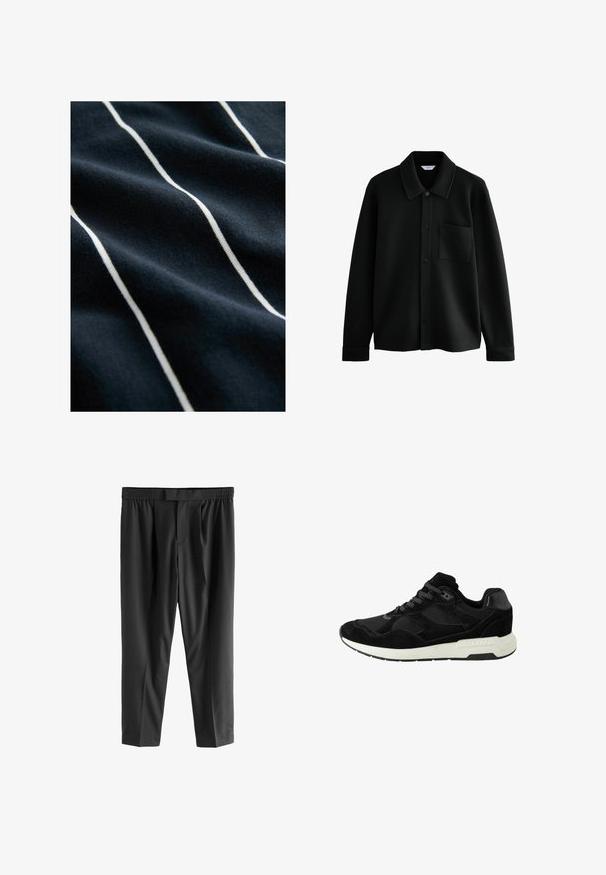 Next REGULAR FIT - DIAGONAL TEXTURE - Leichte Jacke - black; Marineblauem Stoff mit weißen vertikalen Streifen, der eine glatte Textur und einen leichten Glanz aufweist, wodurch das Streifenmuster hervorgehoben wird.; Next REGULAR FIT -CHECK SMART - Chino - black; Schwarzer Sportschuh aus Wildleder und Mesh, mit runder Zehenpartie, Schnürverschluss und einer weißen Gummisohle mit strukturierten Akzenten.