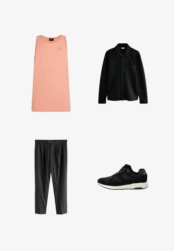 Next REGULAR FIT - DIAGONAL TEXTURE - Vasaras jaka - black; Persiku krūšturis, kas izgatavots no viegla auduma, ar apaļu kakla izgriezumu un bez piedurknēm. Smalks O'Neill logo priekšā.; Next REGULAR FIT -CHECK SMART - Chinos tipa bikses - black; Melnas sporta apavas, kas izgatavots no zamšas un sieta, ar noapaļotu purngalu, šņorējamais aizdare un balta gumijas zole ar teksturētām akcentiem.