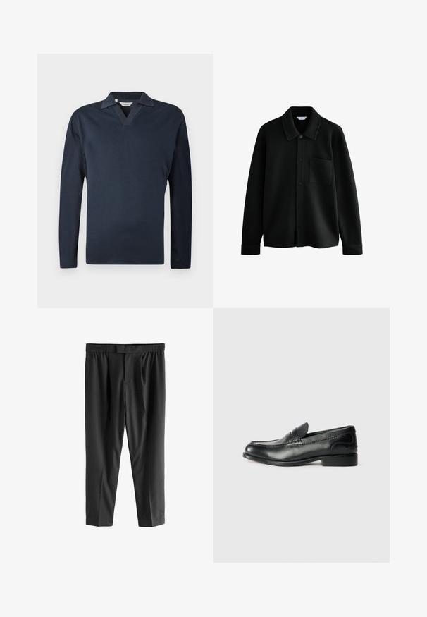 Next REGULAR FIT - DIAGONAL TEXTURE - Suvejakk - black; Tumesinised pikkade varrukatega polo särk V-kaelusega, valmistatud pehmest kangast. Omab kontrastset kraed ja lihtsat, puhaste joontega disaini.; Next REGULAR FIT -CHECK SMART - Chino-püksid - black; Mustad mustad nahast loafers, mis on kaunistatud sileda viimistluse, õmblusdetailide ja veidi kõrgendatud kannaga.
