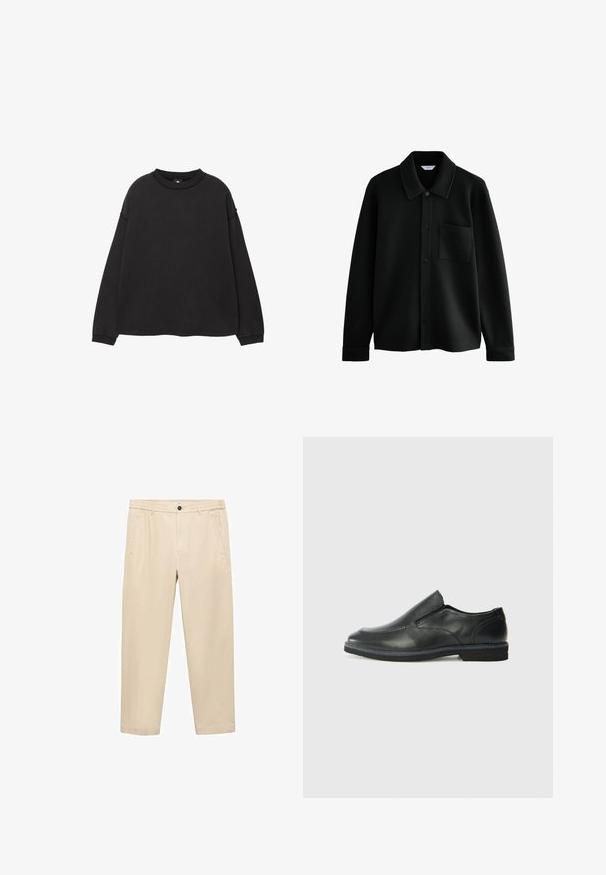 Next REGULAR FIT - DIAGONAL TEXTURE - Poletna jakna - black; Črna potetna majica z dolgimi rokavi, izdelana iz mehkega bombaža. Ima okroglo izrez, spuščene ramena ter rebraste manšete in rob. Gladka tekstura.; Bež hlače za prosti čas, narejene iz mehke tkanine; imajo elastičen pas, sprednje žepe in ravno krojeno hlačnico.; Črne usnjene natikače z gladkim zgornjim delom, prišitimi detajli, zaobljenim nosom in nizkim gumijastim petkom. Podplat ima minimalen profil.