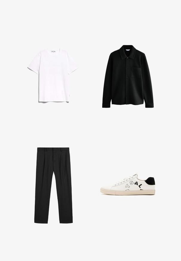 Next REGULAR FIT - DIAGONAL TEXTURE - Leichte Jacke - black; Weiße Baumwoll-T-Shirt mit kurzen Ärmeln, Rundhalsausschnitt und geradem Saum. Verfügt über ein eingenähtes Etikett auf der unteren linken Seite. Glatte Textur.; Schwarze plissierte Hose aus einem glatten Stoff, mit einem traditionellen Bund und geradem Bein. Keine sichtbaren Muster oder Metallteile.; Weißes Leder-Sneaker mit schwarzen Akzenten an der Ferse, das auffällige schwarze Schriftzüge an der Seite und eine Gummisohle aufweist. Minimalistisches Design.