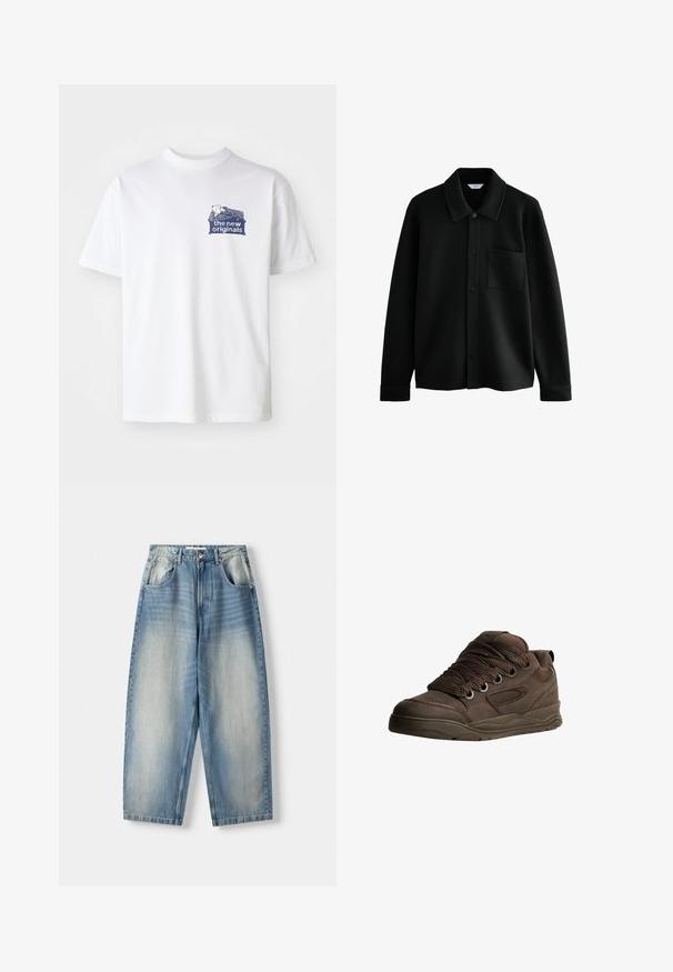 Next REGULAR FIT - DIAGONAL TEXTURE - Nyári dzseki - black; Fehér pamut póló, bal mellen tengerészkék grafikával, rajta a "the new originals" felirattal és egy mintás dizájnnal felette.; Világoskék farmernadrág, laza szabással, egyenes szárú kialakítással, elülső zsebekkel és gombos derékzárral.; Barna sportcipők sima szintetikus anyagból. Vastag fűzőkkel, hálós díszítésekkel, párnázott bokaképzővel és mintázott gumitalppal rendelkezik.