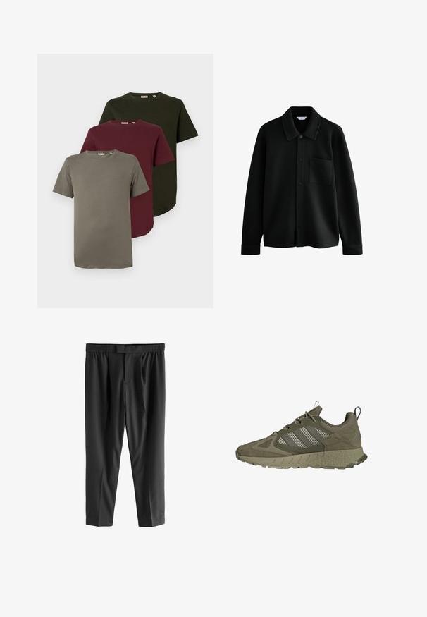 Next REGULAR FIT - DIAGONAL TEXTURE - Lichte jas - black; Drie T-shirts met korte mouwen in olijfgroen, bordeauxrood en grijs, gemaakt van zacht katoen, met een ronde hals en een relaxte pasvorm.; Next REGULAR FIT -CHECK SMART - Chino - black; Olijfgroene sportschoen met een textuur bovenwerk, meshpanelen en drie witte strepen. Rondige zool met profiel.