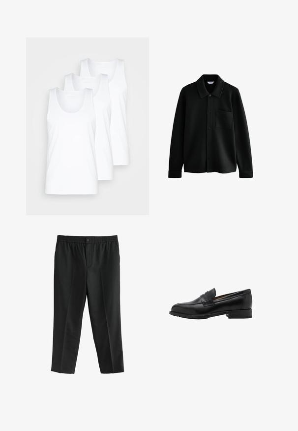 Next REGULAR FIT - DIAGONAL TEXTURE - Let jakke / Sommerjakker - black; Tre hvide bomulds tanktoppe med rund halsudskæring og brede skulderstropper, præsenteret i et stablet arrangement, glat tekstur, enkelt design.; Sorte bukser lavet af stof, der har en elastisk talje og en enkelt knap. Lige ben-design uden synlige lommer.; Sorte læder loafers med en syet front og flad hæl. Glat tekstur med en afrundet tå og en dekorativ rem hen over vristen.