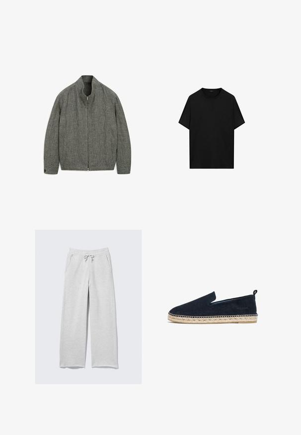 Grå bomberjakke med høj krave, frontlynlås, to sidelommer, tekstureret stof og et sporty design.; Sort bomulds t-shirt med korte ærmer, en rund hals og et enkelt design. Blød tekstur, ingen mønstre eller accenter synlige.; Lys grå sweatpants lavet af blødt stof, med elastisk talje og snoretræk samt sidelommer. Løst, lige ben design.; Mørkeblå ruskind espadrille med sål i jute reb, slip-on design, rund tå og en løkke-bakstrop for nem påklædning.