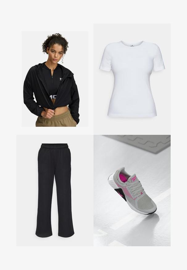 Črna kratka bunda iz lahkega materiala s kapuco, z zadrgo spredaj in elastičnimi manšetami, v kombinaciji s črnim topom in bež hlačami.; Bela kratka majica s kratkimi rokavi iz bombaža, z okroglim izrezom in ožjim krojem. Ni vidnih vzorcev ali detajlov.; Črne trenirke s flared obliko, elastičnim pasom in stranskimi žepi. Narejene iz mehkega materiala brez vidnih vzorcev ali dodatkov.; Sivi in roza Reebok športni čevlji z mrežastim zgornjim delom in podrobno podplatom, prikazani na odsevni beli površini.