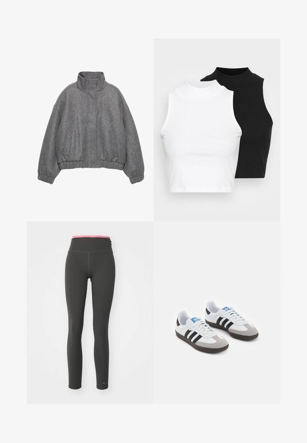 Sivi kaput od vune s mješavinom vlakana, s visokim ovratnikom, spuštenim ramenima, elastičnim manžetama i rubom, dva bočna džepa, glatka tekstura s suptilnim sjajem.; Dvije bezrukavne rebraste majice s visokim ovratnikom u crnoj i bijeloj boji, s prilagođenim dizajnom i glatkom teksturom, te skraćenom dužinom.; Crne tajice s visokim ružičastim pojasom, izrađene od glatkog, rastezljivog materijala. Imaju ravne šavove i logo u donjem lijevom kutu.; Sportske cipele s gornjištem od bijele kože, sivi suedinasti nos i tri crne pruge. Imaju plavi logo na jeziku i teksturiranu gumenu podlogu.
