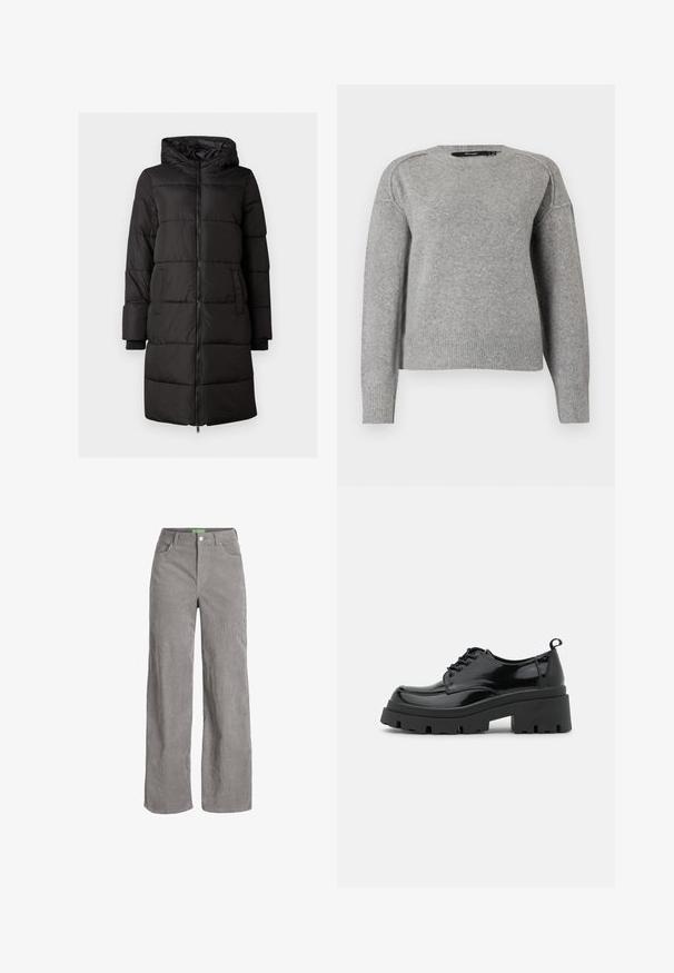 Fekete párnázott kabát kapucnival, elől cipzárral, oldalsó zsebekkel és bordázott mandzsettákkal. Simább anyagból készült, steppelt kialakítással.; Világosszürke pulóver kerek nyakkivágással, bordázott mandzsettákkal és szegéllyel, valamint puha tapintással. Lehorgonyzott vállak jellemzik, ami laza illeszkedést biztosít.; Szürke kordbársony, bő szabású nadrág gombos zárással és övhurkokkal. Két oldalzsebet tartalmaz, és puha, texturált anyagból készült.; Fekete lakkbőr cipők vastag talppal és széles fűzővel. Kerek orr, minimális díszítés és egy kis sarkantyú a hátsó részén.