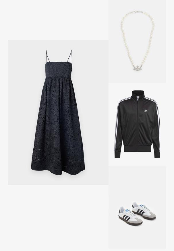 Jaqueta preta em poliéster com fecho, gola alta, design de três riscas brancas nas mangas e pequeno logótipo Adidas branco no lado esquerdo do peito.; Stine Goya VOLOMINOUS MIDI DRESS - Vestido de cocktail / Vestido de festa - black; Ténis desportivos com um cabedal em pele branca, biqueira em camurça cinza e três riscas pretas. Apresenta um logo azul na língua e uma sola de borracha texturizada.; Colar de pérolas com fecho em tom de prata. Apresenta pérolas brancas redondas e uma peça central decorativa com strass.
