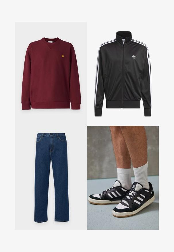 Jaqueta preta em poliéster com fecho, gola alta, design de três riscas brancas nas mangas e pequeno logótipo Adidas branco no lado esquerdo do peito.; Carhartt WIP AMERICAN SCRIPT - Camisola - malbec; Jeans de denim azul escuro, de perna reta, com bolsos frontais e fecho de botão, exibidos sobre um fundo branco liso.; Ténis em preto e branco com upper em camurça e couro, apresentando três riscas brancas, um toe perfurado e uma sola em borracha de goma.