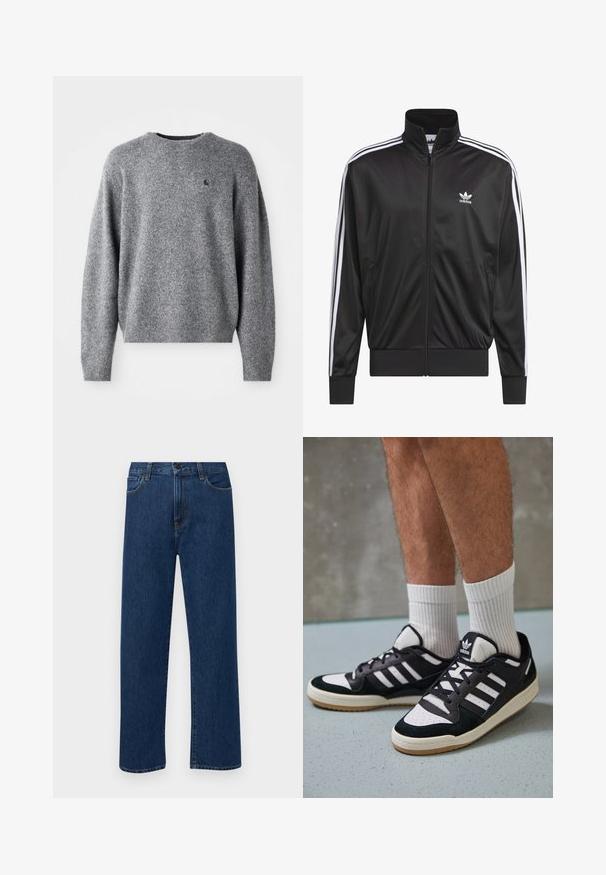 Czarna kurtka polarowa z zamkiem błyskawicznym i wysokim kołnierzem, biała trójpasowa linia wzdłuż rękawów oraz małe białe logo Adidas na lewej piersi.; Szary sweter dziergany z okrągłym dekoltem, ściągaczami przy mankietach i u dołu oraz małym logo na piersi. Miękka faktura i luźny krój.; Granatowe dżinsy prostego kroju z kieszeniami z przodu i zapięciem na guzik, zaprezentowane na jednolitym białym tle.; Czarno-białe sneakersy z zamszową i skórzaną cholewką, z trzema białymi paskami, perforowanym czubkiem i gumową podeszwą w kolorze gumy.