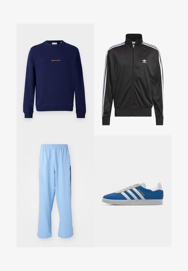 Black polyester zip-up jacket with high collar, white three-stripe design along sleeves, and small white Adidas logo on left chest.; Navy blue sweatshirt made of cotton, featuring a round neck, ribbed cuffs, and a small orange embroidered logo on the front.; Light blue athletic pants made from smooth fabric, featuring an elastic waistband and contrasting black side stripes.; adidas Originals ADIDAS GAZELLE SHOES - Indoor football boots - real madrid/bluebird/footwear white/crew yellow