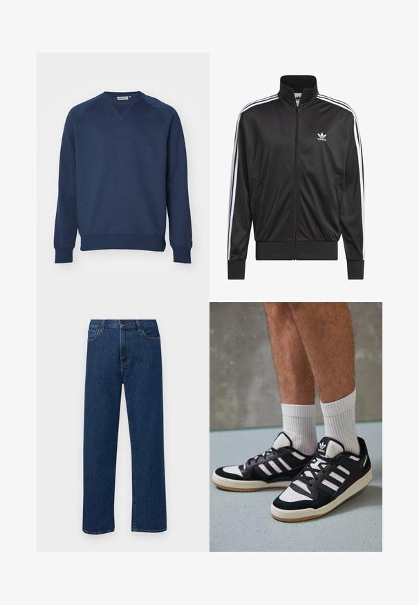 Fekete poliészter zipzáros dzseki magas gallérral, fehér háromsávos mintázattal az ujjak mentén, és kisméretű fehér Adidas logóval a bal mellrészen.; Tengerészkék pamut pulóver, ami kerek nyakú, raglán ujjakkal és bordázott mandzsettákkal és hem. Minimalista dizájn, látható minták nélkül.; Sötétkék, egyenes szárú farmernadrág, elülső zsebekkel és gombos záródással, sima fehér háttéren bemutatva.; Fekete-fehér tornacipők velúr és bőr felsőrésszel, három fehér csíkkal, perforált orral és gumi talppal.