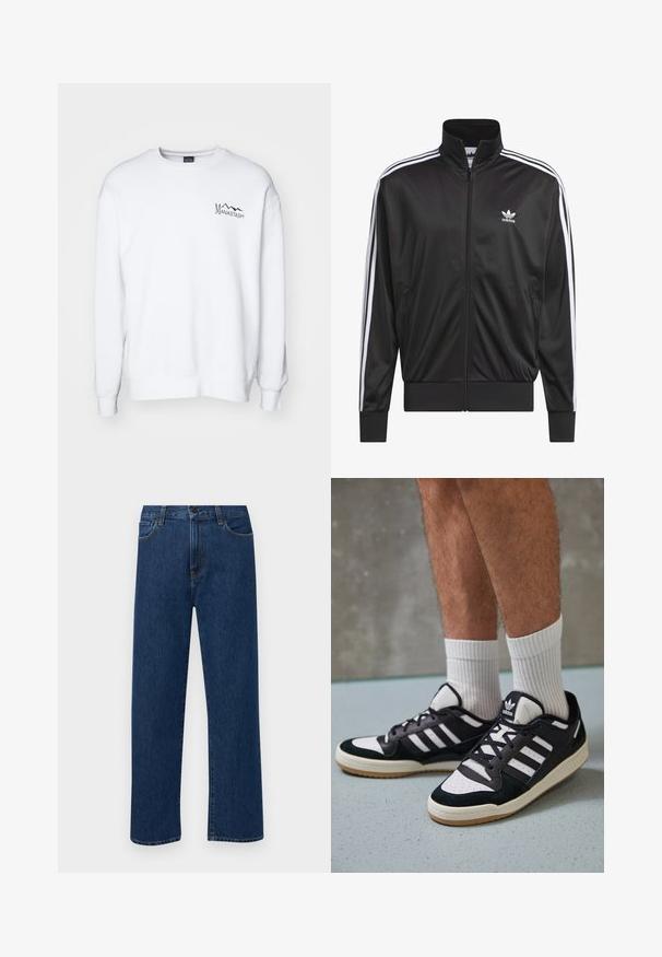 Giacca nera in poliestere con zip e collo alto, design a tre strisce bianche lungo le maniche e piccolo logo Adidas bianco sul lato sinistro del petto.; Manastash CITEE POOL - Felpa - white; Jeans in denim di un blu scuro a gamba dritta con tasche anteriori e chiusura con bottone, esposti su uno sfondo bianco semplice.; Sneaker bianco e nero con tomaia in suede e pelle, caratterizzati da tre strisce bianche, punta perforata e suola in gomma naturale.