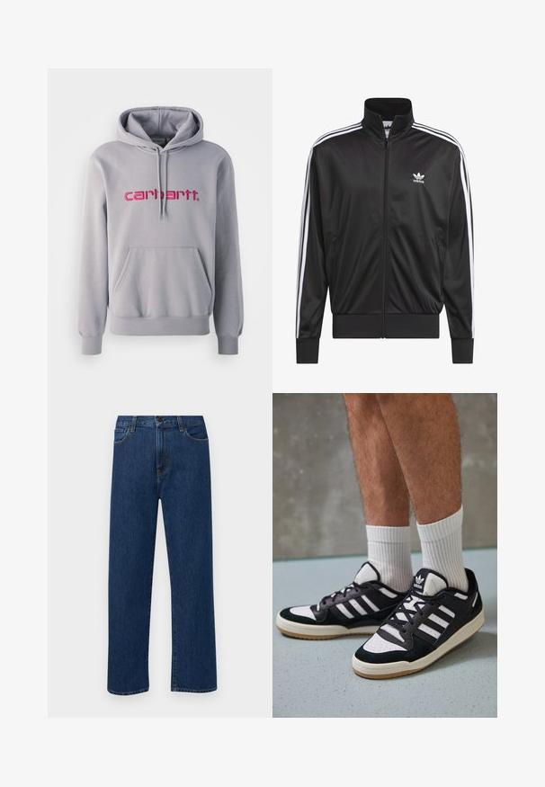 Czarna kurtka polarowa z zamkiem błyskawicznym i wysokim kołnierzem, biała trójpasowa linia wzdłuż rękawów oraz małe białe logo Adidas na lewej piersi.; Szara bluza z kapturem z przednią kieszenią i różowym, haftowanym logo "carhartt". Wykonana z miękkiego materiału z prążkowanymi mankietami i dolnym brzegiem.; Granatowe dżinsy prostego kroju z kieszeniami z przodu i zapięciem na guzik, zaprezentowane na jednolitym białym tle.; Czarno-białe sneakersy z zamszową i skórzaną cholewką, z trzema białymi paskami, perforowanym czubkiem i gumową podeszwą w kolorze gumy.