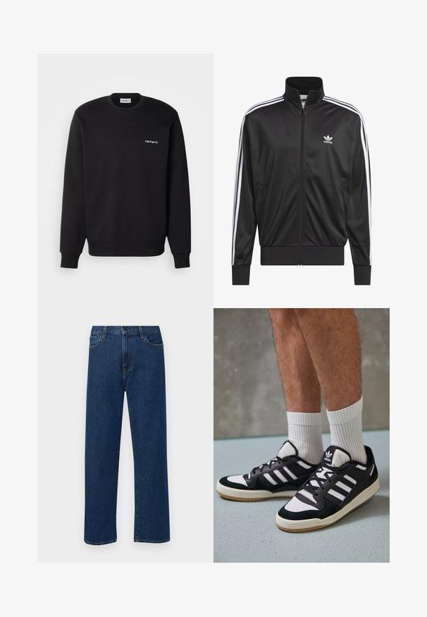 Giacca nera in poliestere con zip e collo alto, design a tre strisce bianche lungo le maniche e piccolo logo Adidas bianco sul lato sinistro del petto.; Carhartt WIP SCRIPT EMBROIDERY - Felpa - black/white; Jeans in denim di un blu scuro a gamba dritta con tasche anteriori e chiusura con bottone, esposti su uno sfondo bianco semplice.; Sneaker bianco e nero con tomaia in suede e pelle, caratterizzati da tre strisce bianche, punta perforata e suola in gomma naturale.