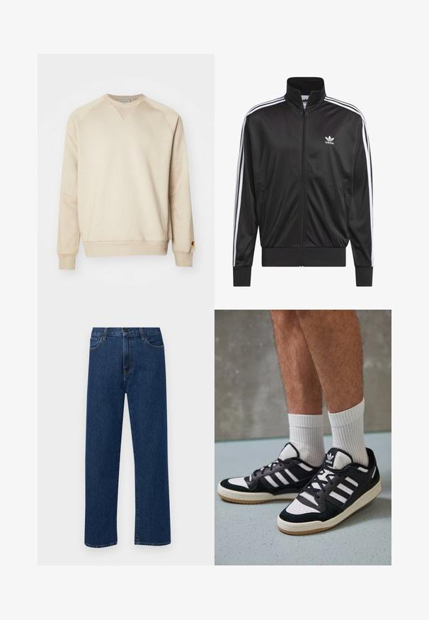 Zwarte polyester zip-up jas met hoge kraag, witte drie-strepen ontwerp langs de mouwen en klein wit Adidas-logo op de linkerbovenborst.; Beige sweatshirt van een zachte katoenmix, met ribboorden aan de mouwen en onderkant, raglanmouwen en een klein metalen logo accent op de linkermouw.; Donkerblauwe rechte denim jeans met frontzakken en een knoopsluiting, weergegeven op een effen witte achtergrond.; Zwart-witte sneakers met een bovenwerk van suede en leer, voorzien van drie witte strepen, een geperforeerde neus en een rubberen gumzool.