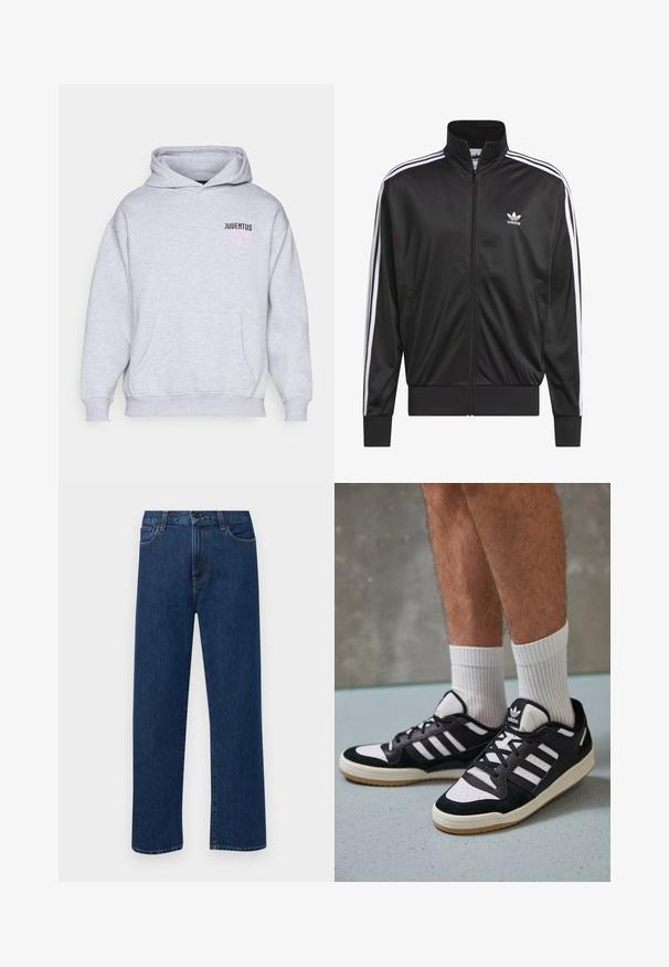 Jaqueta preta em poliéster com fecho, gola alta, design de três riscas brancas nas mangas e pequeno logótipo Adidas branco no lado esquerdo do peito.; Sweatshirt cinza com capuz, apresentando um bolso canguru e "JUVENTUS" em texto preto e rosa no canto esquerdo da frente. Texture suave do tecido.; Jeans de denim azul escuro, de perna reta, com bolsos frontais e fecho de botão, exibidos sobre um fundo branco liso.; Ténis em preto e branco com upper em camurça e couro, apresentando três riscas brancas, um toe perfurado e uma sola em borracha de goma.
