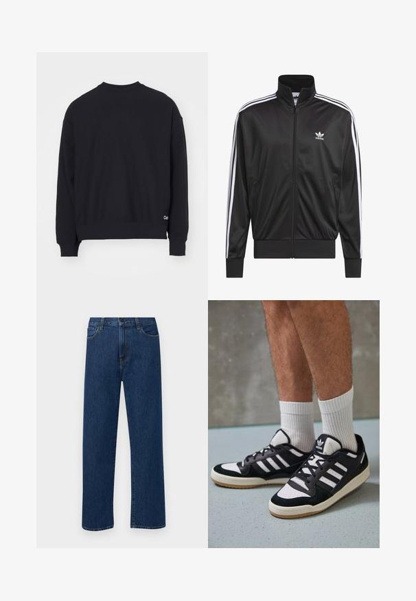 Jaqueta preta em poliéster com fecho, gola alta, design de três riscas brancas nas mangas e pequeno logótipo Adidas branco no lado esquerdo do peito.; Sweatshirt preto com decote redondo, mangas longas, punhos e bainha canelados. Apresenta um pequeno logo branco no lado inferior esquerdo.; Jeans de denim azul escuro, de perna reta, com bolsos frontais e fecho de botão, exibidos sobre um fundo branco liso.; Ténis em preto e branco com upper em camurça e couro, apresentando três riscas brancas, um toe perfurado e uma sola em borracha de goma.