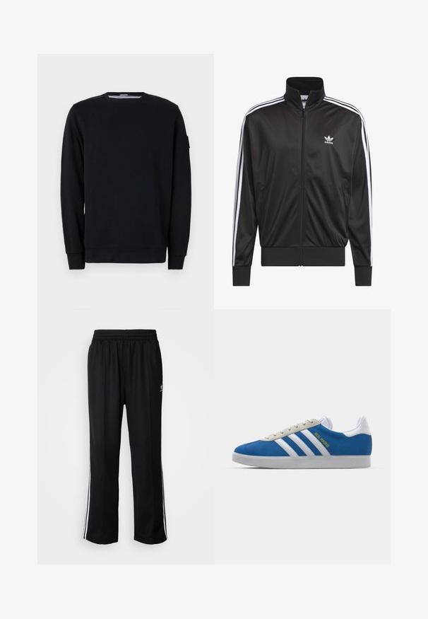 Black polyester zip-up jacket with high collar, white three-stripe design along sleeves, and small white Adidas logo on left chest.; Black sweatshirt with a round neckline and long sleeves. Made from soft fabric with ribbed cuffs and hem, featuring minimalistic design details.; Black athletic pants with an elastic waistband, featuring white side stripes and a small logo. Material appears soft and lightweight.; adidas Originals ADIDAS GAZELLE SHOES - Indoor football boots - real madrid/bluebird/footwear white/crew yellow