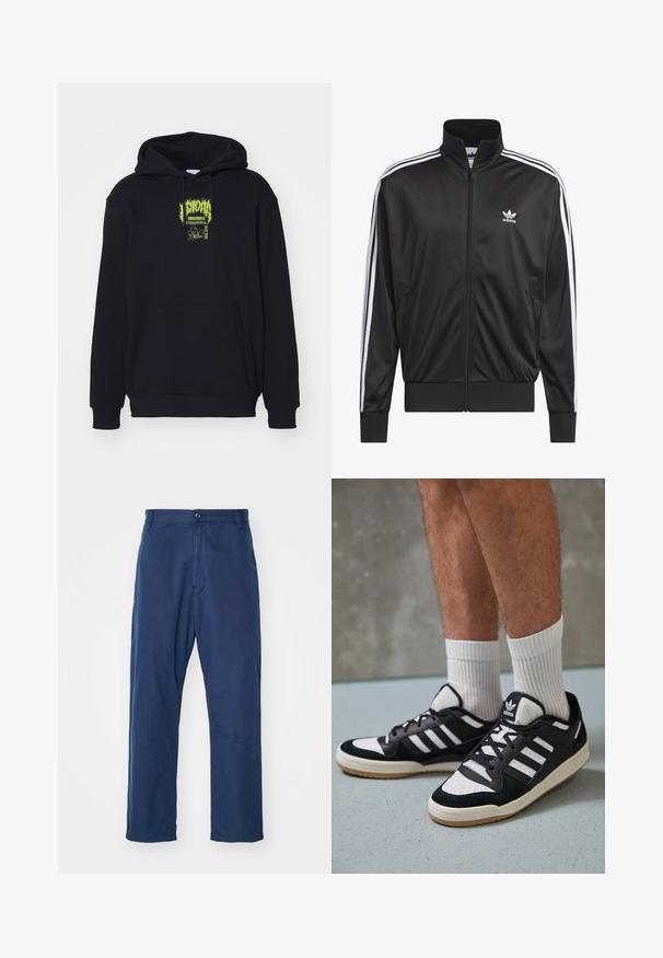 Schwarze Polyester-Jacke mit Reißverschluss und hohem Kragen, weißem Dreistreifen-Design an den Ärmeln und kleinem weißen Adidas-Logo auf der linken Brust.; Schwarzer Hoodie aus Baumwollmischung mit einer Vordertasche, Kapuze mit Kordelzug und neon-grüner Grafikdesign auf der Brust.; Marineblau, gerade geschnittene Hose aus Baumwolle. Mit einem Frontknopfverschluss und subtiler Textur, sowie Seitentaschen und Gürtelschlaufen.; Schwarz-weiße Sneaker mit einem Obermaterial aus Wildleder und Leder, ausgestattet mit drei weißen Streifen, einer perforierten Zehenpartie und einer Sohle aus Gummi.