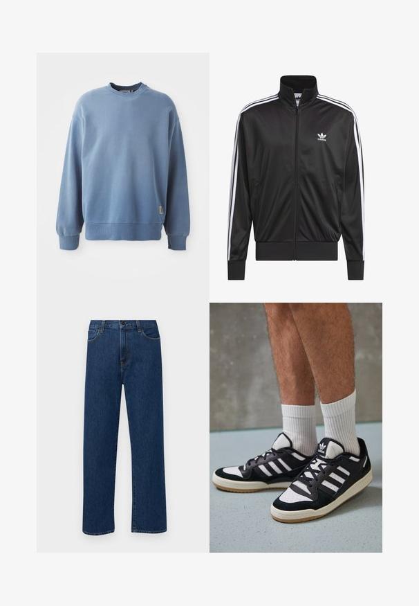 Chaqueta negra de poliéster con cremallera y alto cuello, diseño de tres rayas blancas a lo largo de las mangas y pequeño logo blanco de Adidas en el lado izquierdo del pecho.; Sudadera de color azul claro hecha de tejido suave, con cuello redondo, mangas largas, puños y dobladillo acanalados, y una pequeña etiqueta de logo cerca de la parte inferior.; Jeans de denim de pierna recta en azul oscuro con bolsillos delanteros y cierre de botón, exhibidos sobre un fondo blanco liso.; Zapatillas en blanco y negro con parte superior de ante y cuero, que presentan tres franjas blancas, una puntera perforada y una suela de goma.
