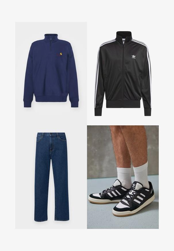 Zwarte polyester zip-up jas met hoge kraag, witte drie-strepen ontwerp langs de mouwen en klein wit Adidas-logo op de linkerbovenborst.; Carhartt WIP HALF ZIP AMERICAN SCRIPT - Sweater - air force blue; Donkerblauwe rechte denim jeans met frontzakken en een knoopsluiting, weergegeven op een effen witte achtergrond.; Zwart-witte sneakers met een bovenwerk van suede en leer, voorzien van drie witte strepen, een geperforeerde neus en een rubberen gumzool.