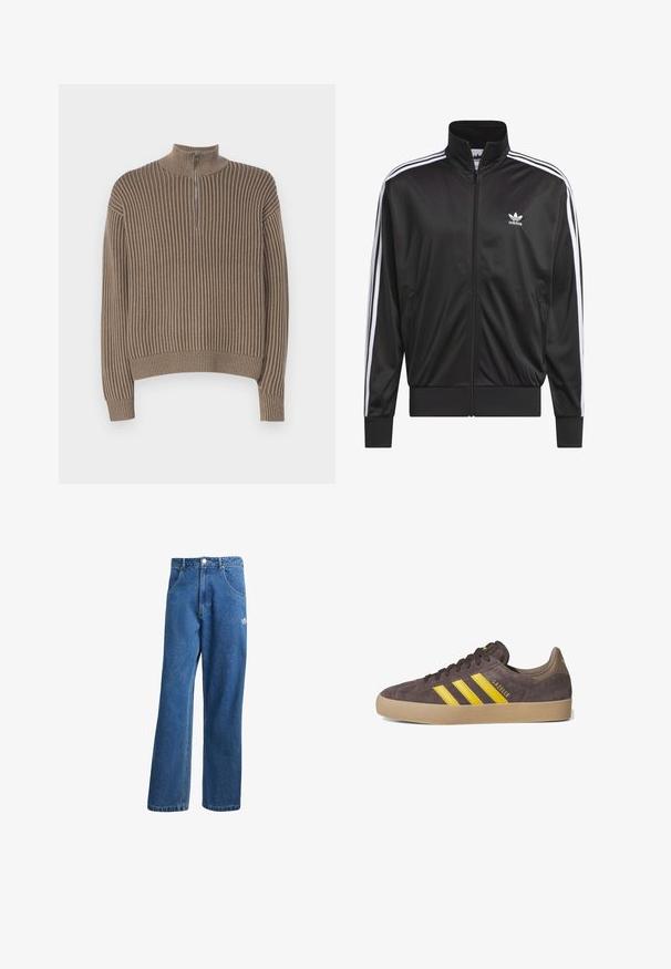 Black polyester zip-up jacket with high collar, white three-stripe design along sleeves, and small white Adidas logo on left chest.; Brown ribbed sweater with high neck and half zipper, featuring long sleeves and a relaxed fit. Texture is soft and knit.; Blue high-waist wide-leg denim jeans with front pockets, belt loops, button closure, and small Adidas logo on the right thigh.; Gray suede sneaker with three yellow stripes, rubber gum sole, and textured detailing. Brand name "Gazelle" on the side. Simple lace-up design.