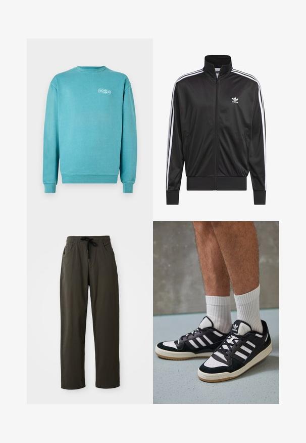 Jachetă neagră din poliester, cu fermoar, guler înalt, design cu trei dungi albe pe mâneci și mici logo-uri albe Adidas pe pieptul stâng.; Hanorac din bumbac de culoare turcoaz, guler rotund, mâneci lungi, manșete și tiv cu nervuri, cu un mic logo grafic alb pe pieptul stâng.; Pantaloni lungi de culoare verde închis, ușori, dintr-un material moale. Au un corset elastic cu șnur reglabil și două buzunare laterale.; Adidași negri și albi cu un superior din suede și piele, prevăzuți cu trei dungi albe, un vârf perforat și o talpă din cauciuc caramel.