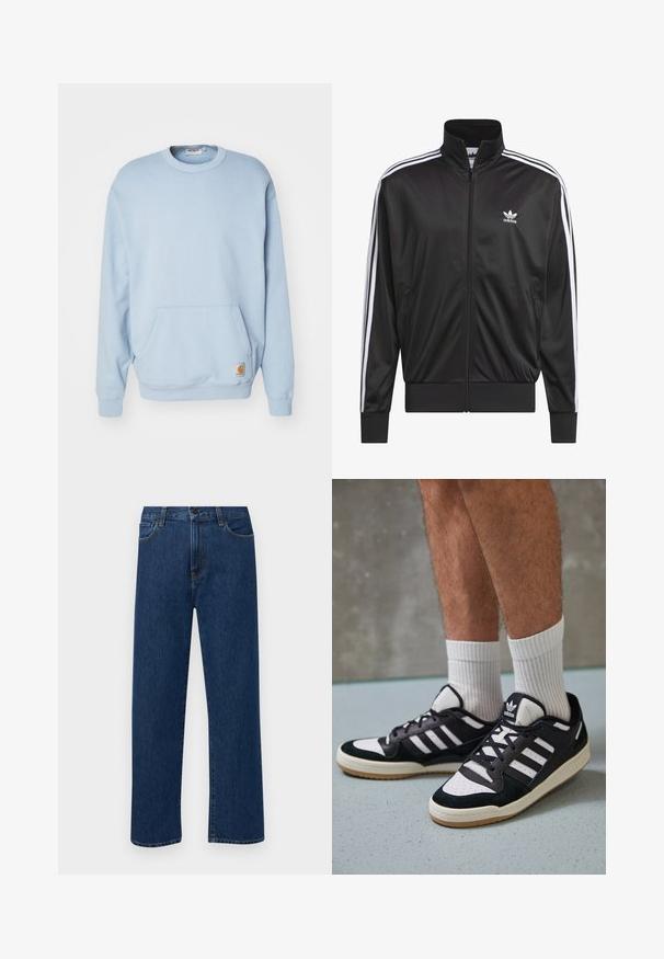 Chaqueta negra de poliéster con cremallera y alto cuello, diseño de tres rayas blancas a lo largo de las mangas y pequeño logo blanco de Adidas en el lado izquierdo del pecho.; Carhartt WIP BILLY - Sudadera - misty sky; Jeans de denim de pierna recta en azul oscuro con bolsillos delanteros y cierre de botón, exhibidos sobre un fondo blanco liso.; Zapatillas en blanco y negro con parte superior de ante y cuero, que presentan tres franjas blancas, una puntera perforada y una suela de goma.