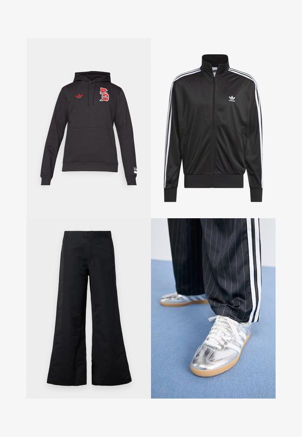 Juodas poliesterinis užtrauktukas su aukštu apykakle, baltos trijų juostelių dizainas palei rankoves ir mažas baltas Adidas logotipas kairiajame krūtinės pusėje.; Tamsiai pilkas gobtuvėlis su priekiu kišene, raudonu siuvinėjimu ir Adidas trefoil ženklu kairėje krūtinės pusėje.; Juodos plačios kojų kelnės, pagamintos iš lygaus audinio, su priekinėmis raukšlėmis ir juosmeniu. Švarus dizainas be matomų raštų ar akcentų.; Metalizuoti sidabriniai sportbačiai su baltais raišteliais ir trimis baltais dryžiais, derinami su juodais dryžuotais kelnėmis. Gumos padas apatinėje dalyje.