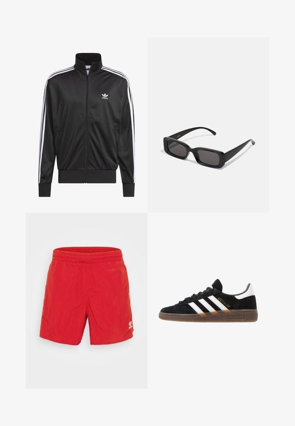 Čierna polyesterová bunda na zips s vysokým golierom, biely trojprúžkový dizajn pozdĺž rukávov a malé biele logo Adidas na ľavej hrudi.; Biely košeľový dres s vertikálnymi šedými pruhmi. Má klasický golier, voľný strih a dlhé rukávy s detailmi na manžetách.; Červené plavky vyrobené z ľahkého materiálu, s elastickým pásom, hladkou textúrou a malým bielym logom na dolnej ľavej strane.; Čierne tenisky Adidas so bielymi pruhmi, zlatým textom "Spezial", gumenou podrážkou a bielym zadným pútkom, zobrazené z bočného pohľadu.; Čierne obdĺžnikové slnečné okuliare s tmavými šošovkami, lesklým povrchom, širokými ramenami a robustným rámovým dizajnom. Vygravírované meno značky na jednom ramene.; Biely perlový náhrdelník s rovnomerným guľatým tvarom, hladkým povrchom a kovovým zapínaním s predlžovacím reťazcom na nastaviteľnú dĺžku.
