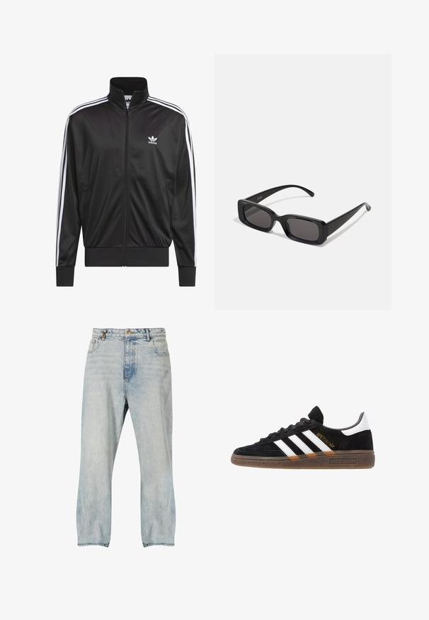 Chaqueta negra de poliéster con cremallera y alto cuello, diseño de tres rayas blancas a lo largo de las mangas y pequeño logo blanco de Adidas en el lado izquierdo del pecho.; Camisa blanca de manga larga con botones, hecha de una tela suave. Presenta un cuello clásico, botones frontales y puños con un solo botón. Diseño ajustado.; Vaqueros de denim en azul claro con un corte relajado, que presentan una cintura alta, costuras en contraste y un diseño de cinco bolsillos. Textura suave con acentos deslavados.; Zapatilla negra de Adidas con franjas blancas, texto dorado "Spezial", suela de goma y talón blanco, mostrada en vista lateral.; Gafas de sol rectangulares negras con lentes oscuros, acabado brillante, patillas anchas y un diseño de marco robusto. Nombre de la marca grabado en una de las patillas.; Collar de perlas blancas con forma redonda uniforme, superficie suave y cierre de metal con cadena de extensión para longitud ajustable.