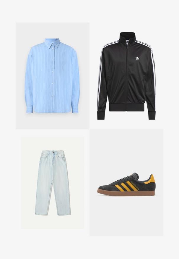 Zwarte polyester zip-up jas met hoge kraag, witte drie-strepen ontwerp langs de mouwen en klein wit Adidas-logo op de linkerbovenborst.; Lichtblauw overhemd met knopen, gemaakt van gladde stof, met verticale witte strepen, een puntkraag en lange mouwen met knoopmanchetten.; Lichtblauwe denim jeans met een relaxte pasvorm, recht model, vijf zakken en subtiele vervaging in de stof.; Zwarte suède sneakers met gele accenten, voorzien van drie strepen en een bruine rubberen zool. Inclusief een gevoerde tong voor comfort.