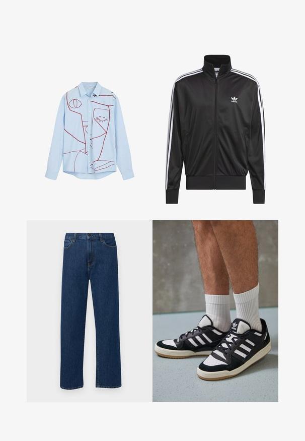 Čierna polyesterová bunda na zips s vysokým golierom, biely trojprúžkový dizajn pozdĺž rukávov a malé biele logo Adidas na ľavej hrudi.; Svetlomodrá košeľa na gombíky so červeným abstraktným výšivkou, vrátane očí a úsmevného dizajnu, s klasickým golierom a dlhými rukávmi.; Tmavomodré rovné rifľové nohavice s prednými vreckami a zapínaním na gombík, vystavené na jednoduchom bielom pozadí.; Čierno-biele tenisky s vrchom z semišu a kože, s troma bielymi pruhmi, perforovanou špičkou a gumovou podrážkou.