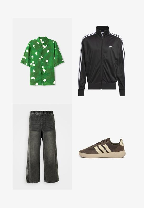 Schwarze Polyester-Jacke mit Reißverschluss und hohem Kragen, weißem Dreistreifen-Design an den Ärmeln und kleinem weißen Adidas-Logo auf der linken Brust.; Kurzärmliges Hemd in grüner Baumwolle mit weißem Blumenmuster, ausgestattet mit einem Camp-Kragen und lockerer Passform. Strukturierter, leichter Stoff.; Schwarz gewaschene Denim-Hosen mit elastischem Bund und weitem Bein, mit subtilen vertikalen Nahtdetails an den Seiten.; Brauner Wildledersneaker mit drei weißen Streifen, abgerundetem Zehenbereich, dicker Gummisohle und minimaler Markenkennzeichnung an der Ferse.