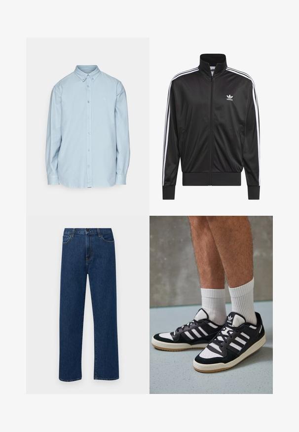 Jaqueta preta em poliéster com fecho, gola alta, design de três riscas brancas nas mangas e pequeno logótipo Adidas branco no lado esquerdo do peito.; Camisa azul clara de botão, feita de algodão, com colarinho clássico, mangas longas e um pequeno logotipo no peito. Textura suave.; Jeans de denim azul escuro, de perna reta, com bolsos frontais e fecho de botão, exibidos sobre um fundo branco liso.; Ténis em preto e branco com upper em camurça e couro, apresentando três riscas brancas, um toe perfurado e uma sola em borracha de goma.