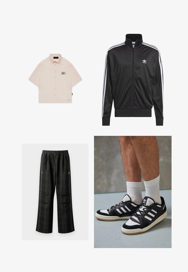 Zwarte polyester zip-up jas met hoge kraag, witte drie-strepen ontwerp langs de mouwen en klein wit Adidas-logo op de linkerbovenborst.; Perzikkleurig button-up shirt met korte mouwen, voorzien van een puntige kraag, een knoopsluiting aan de voorkant en een zwart grafisch ontwerp op de linkerkant van de borst.; Zwarte geruite broek met een elastische tailleband, twee voorzakken en een losse pasvorm met een rechte pijpdesign. Gemaakt van lichtgewicht materiaal.; Zwart-witte sneakers met een bovenwerk van suede en leer, voorzien van drie witte strepen, een geperforeerde neus en een rubberen gumzool.