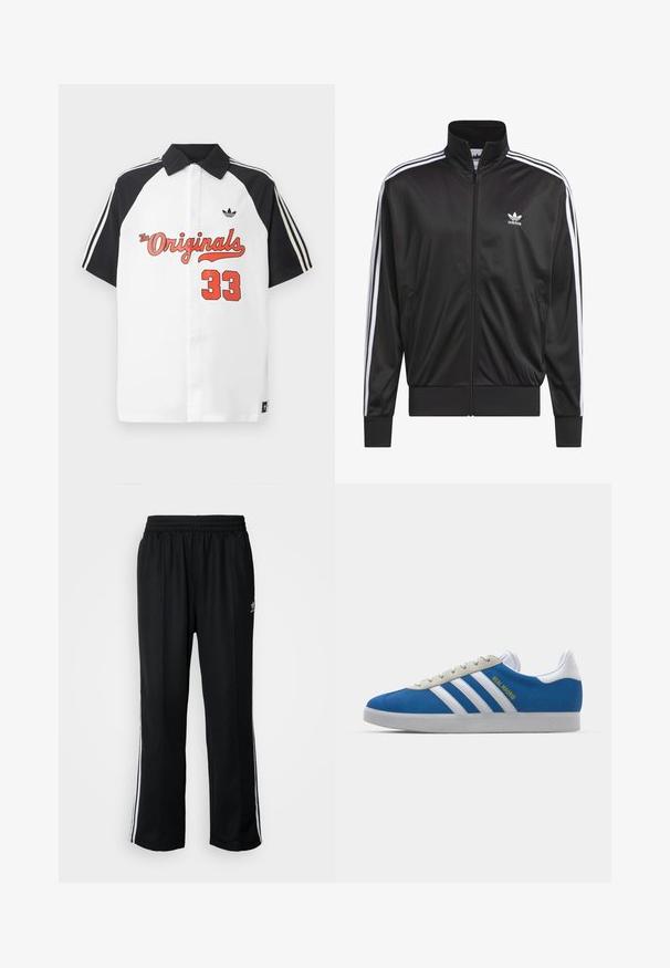 Jaqueta preta em poliéster com fecho, gola alta, design de três riscas brancas nas mangas e pequeno logótipo Adidas branco no lado esquerdo do peito.; Polo branco de manga curta com colarinho preto, mangas pretas, gráfico vermelho "The Originals" e "33" impresso em vermelho na frente.; Calças atléticas pretas com um cós elástico, apresentando riscas brancas laterais e um pequeno logótipo. O material parece macio e leve.; adidas Originals ADIDAS GAZELLE SHOES - Botas de futebol de salão - real madrid/bluebird/footwear white/crew yellow