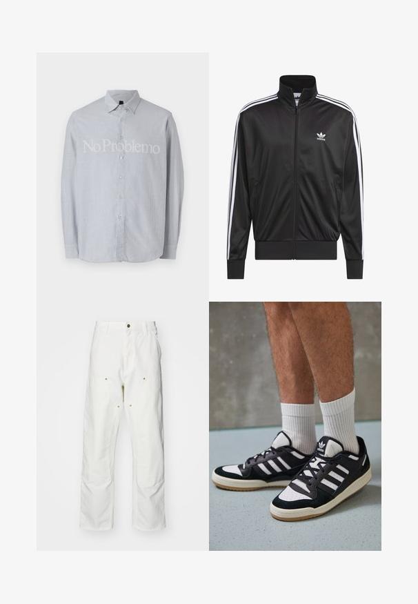Zwarte polyester zip-up jas met hoge kraag, witte drie-strepen ontwerp langs de mouwen en klein wit Adidas-logo op de linkerbovenborst.; Lichtblauw gestreept overhemd met lange mouwen en een button-down kraag, met op de voorkant een opvallende witte tekst "No Problemo".; Witte katoenen cargobroeken met een relaxte pasvorm. Kenmerken zijn onder andere voorzakken, gouden hardware accenten en versterkte kniezones.; Zwart-witte sneakers met een bovenwerk van suede en leer, voorzien van drie witte strepen, een geperforeerde neus en een rubberen gumzool.