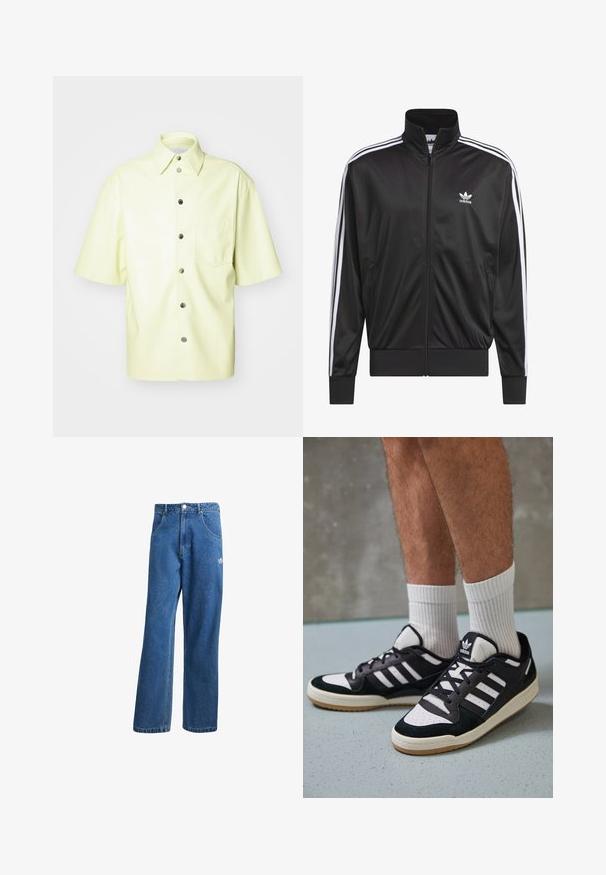 Čierna polyesterová bunda na zips s vysokým golierom, biely trojprúžkový dizajn pozdĺž rukávov a malé biele logo Adidas na ľavej hrudi.; Krátky rukáv košele v svetlo žltej imitácii kože. Obsahuje prednú kapsu, zapínanie na gombík a klasický golier. Hladká, lesklá textúra.; Modré riflové nohavice s vysokým pásom a širokým strihom, s prednými vreckami, pútkami na opasok, zapínaním na gombík a malým logom Adidas na pravej stehne.; Čierno-biele tenisky s vrchom z semišu a kože, s troma bielymi pruhmi, perforovanou špičkou a gumovou podrážkou.