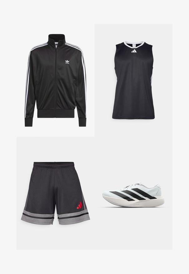 Μαύρο τζάκετ από πολυεστέρα με φερμουάρ και ψηλό γιακά, λευκή τριπλή ρίγα κατά μήκος των μανικιών και μικρό λευκό λογότυπο Adidas στο αριστερό στήθος.; Μαύρο αθλητικό μανίκι τοπ χωρίς μανίκια με V λαιμόκοψη, λευκές λεπτομέρειες στα πλάγια και λευκό λογότυπο της Adidas στο στήθος. Λείο, υλικό που απομακρύνει την υγρασία.; Μαύρες αθλητικές βερμούδες φτιαγμένες από ελαφρύ ύφασμα, με γκρι ρίγα στο στρίφωμα και κόκκινο λογότυπο στο αριστερό μηρό. Ελαστική μέση.; Ελαφριά αθλητικά παπούτσια τρεξίματος σε ανοιχτό μπλε με μαύρες ρίγες. Διαθέτουν λείο άνω μέρος, στρογγυλή μύτη και παχύ λευκό ενδιάμεσο πέλμα που φέρει την ετικέτα "LIGHTSTRIKE PRO."