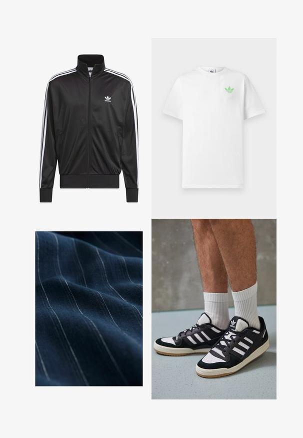 Juodas poliesterinis užtrauktukas su aukštu apykakle, baltos trijų juostelių dizainas palei rankoves ir mažas baltas Adidas logotipas kairiajame krūtinės pusėje.; Balta medvilninė marškinėlių maikė su trumpomis rankovėmis, su mažu žaliu Adidas logotipu kairėje krūtinės pusėje. Paprastas, klasikinis dizainas su apvalia iškirpte.; Jūrinio stiliaus audinys su smulkiomis baltomis vertikaliomis juostelėmis, rodantis lygų tekstūros paviršių ir lengvą blizgesį, sulankstytas, kad pabrėžtų jo kritimą ir švelnumą.; Juodos ir baltos sportinės bateliai su zomšiniu ir odiniu viršumi, su trimis baltomis juostelėmis, perforuota koja ir guminėmis padais.