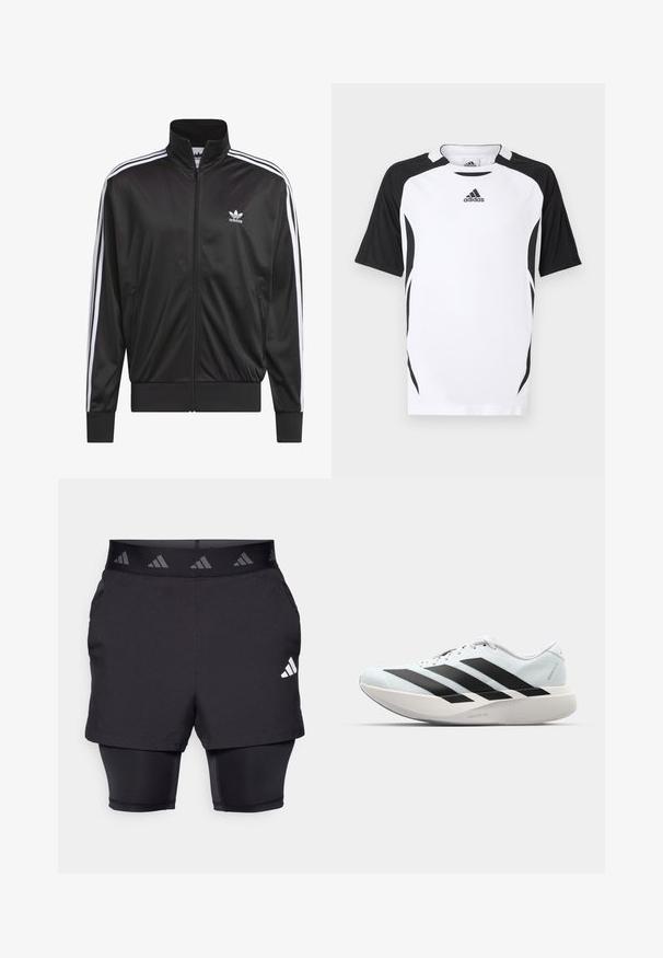 Black polyester zip-up jacket with high collar, white three-stripe design along sleeves, and small white Adidas logo on left chest.; Short-sleeve Adidas t-shirt in white with black accents. Features a crew neck, vertical texture, and side detailing for athletic fit.; Black athletic shorts with an inner layer. Textured fabric on outer shorts, featuring a patterned elastic waistband and a logo accent.; Lightweight running shoes in pale blue with black stripes. Features a smooth upper, round toe, and thick white midsole labeled "LIGHTSTRIKE PRO."