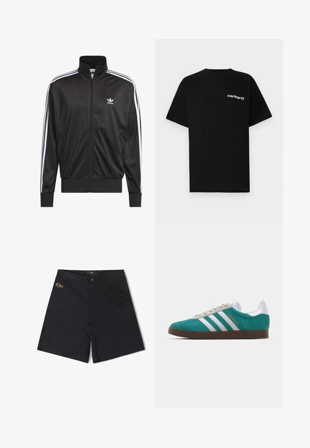 Black polyester zip-up jacket with high collar, white three-stripe design along sleeves, and small white Adidas logo on left chest.; Black cotton t-shirt with short sleeves, crew neckline, and white "Carhartt" logo on the left chest. Smooth texture, minimal design.; Black cotton shorts featuring a front button closure, side pockets, and a small yellow fish logo on the left pocket.; adidas Originals ADIDAS GAZELLE SHOES - Indoor football boots - liverpool fc/sea green/footwear white